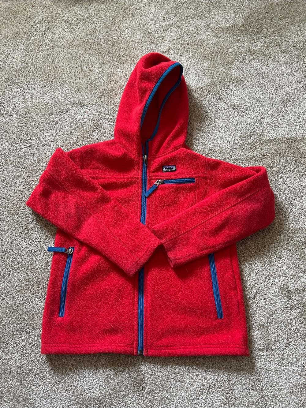 Patagonia Kids Bright Red Fleece Hoodie with Blue Trim